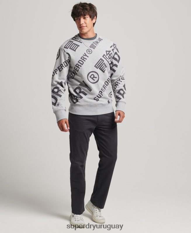 uy Superdry hombres sudadera holgada con cuello redondo y logo estampado gris DT2N8Z741 ropa