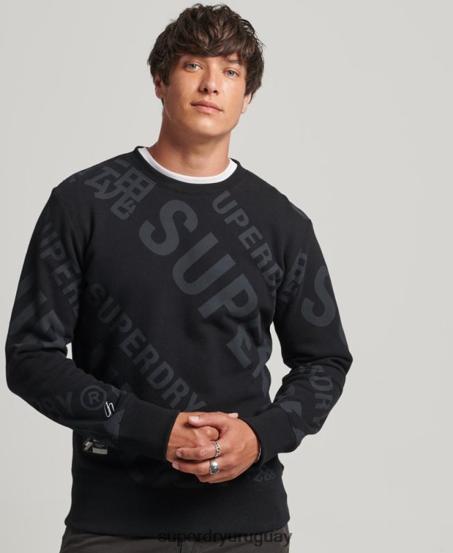 uy Superdry hombres sudadera holgada con cuello redondo y logo estampado negro DT2N8Z786 ropa