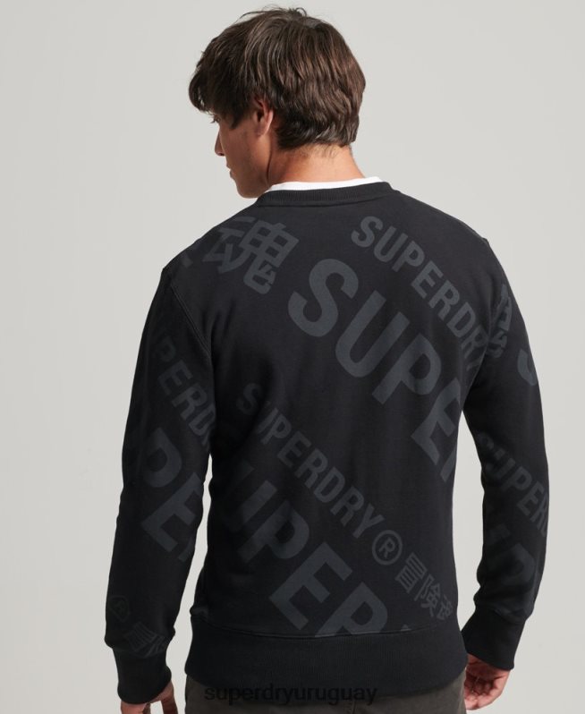 uy Superdry hombres sudadera holgada con cuello redondo y logo estampado negro DT2N8Z786 ropa