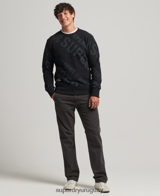 uy Superdry hombres sudadera holgada con cuello redondo y logo estampado negro DT2N8Z786 ropa