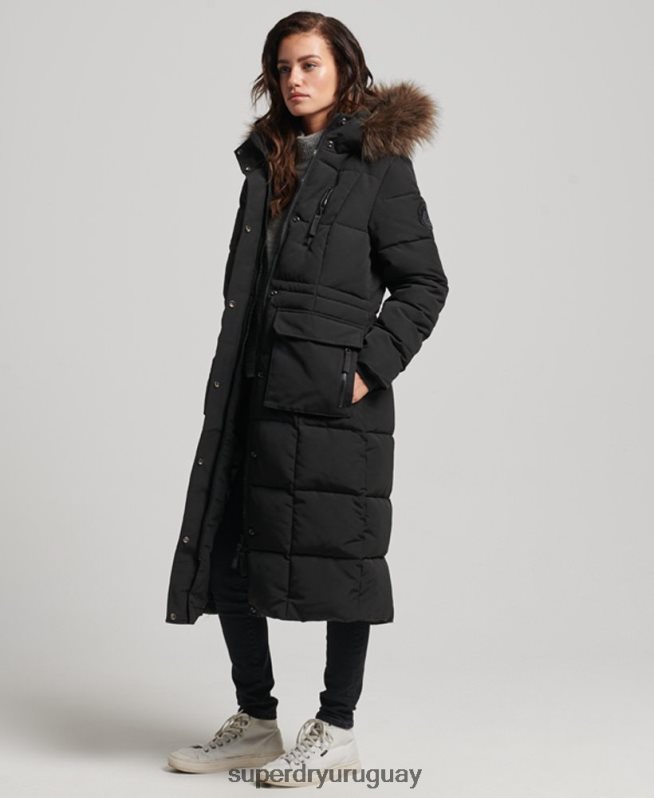 uy Superdry mujer abrigo Everest largo de piel sintética negro DT2N8Z3623 ropa