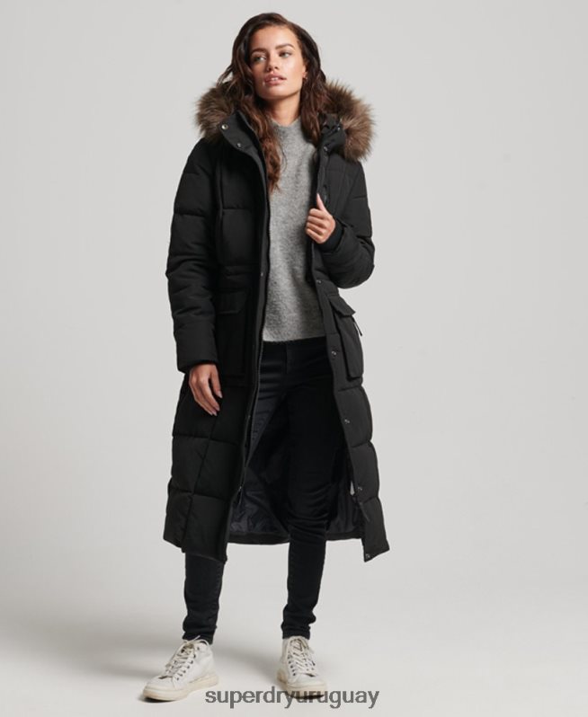 uy Superdry mujer abrigo Everest largo de piel sintética negro DT2N8Z3623 ropa