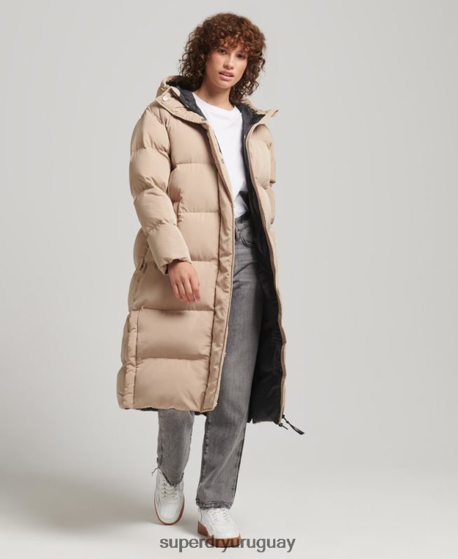 uy Superdry mujer abrigo acolchado largo con capucha beige DT2N8Z3595 ropa