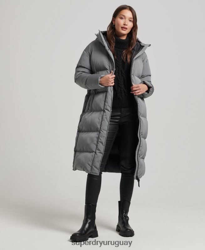 uy Superdry mujer abrigo acolchado largo con capucha gris DT2N8Z5503 ropa