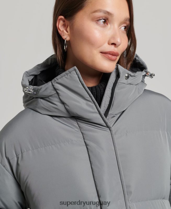 uy Superdry mujer abrigo acolchado largo con capucha gris DT2N8Z5503 ropa