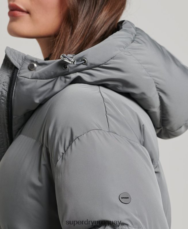 uy Superdry mujer abrigo acolchado largo con capucha gris DT2N8Z5503 ropa