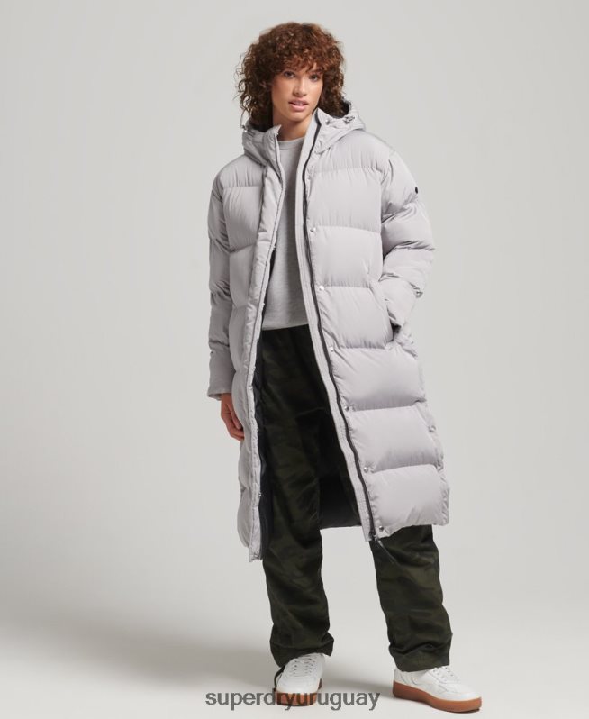 uy Superdry mujer abrigo acolchado largo con capucha gris claro DT2N8Z3743 ropa
