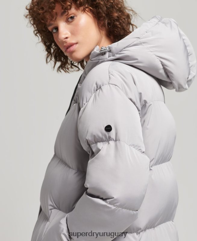 uy Superdry mujer abrigo acolchado largo con capucha gris claro DT2N8Z3743 ropa