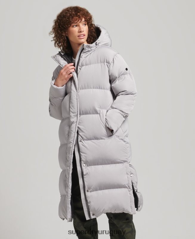uy Superdry mujer abrigo acolchado largo con capucha gris claro DT2N8Z3743 ropa