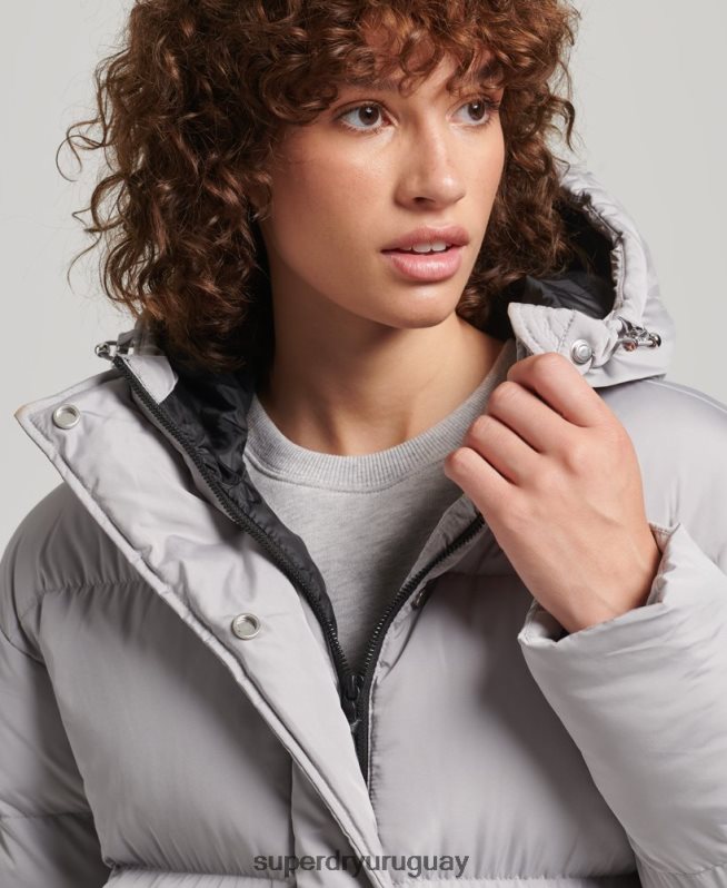 uy Superdry mujer abrigo acolchado largo con capucha gris claro DT2N8Z3743 ropa