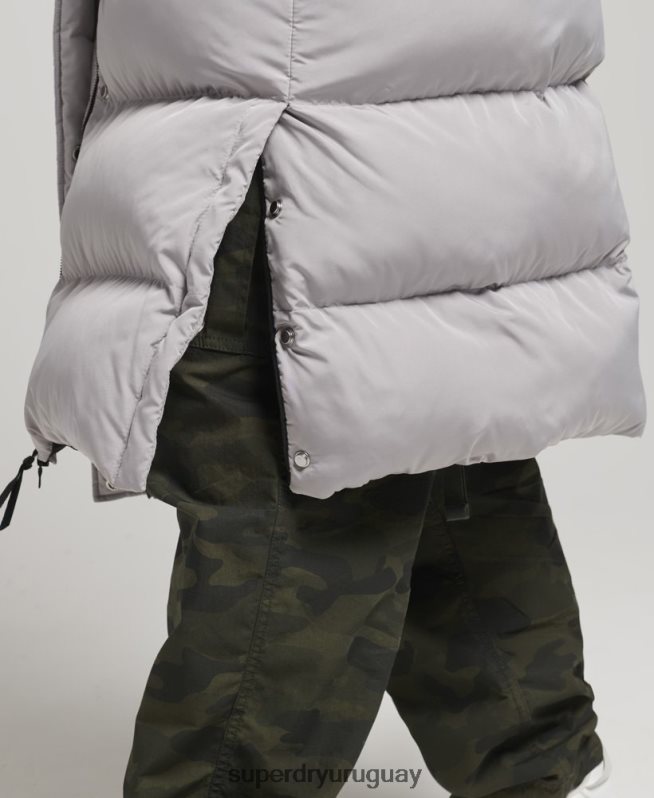 uy Superdry mujer abrigo acolchado largo con capucha gris claro DT2N8Z3743 ropa