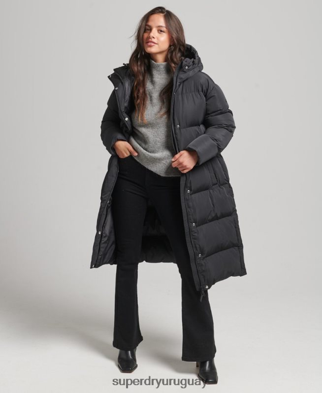 uy Superdry mujer abrigo acolchado largo con capucha negro DT2N8Z3815 ropa