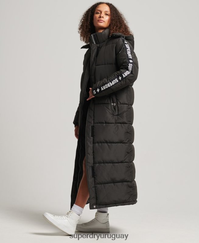 uy Superdry mujer abrigo acolchado largo con capucha y gráfico negro DT2N8Z5647 ropa