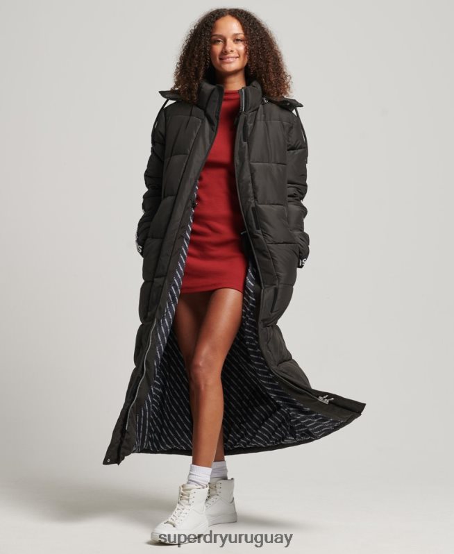 uy Superdry mujer abrigo acolchado largo con capucha y gráfico negro DT2N8Z5647 ropa