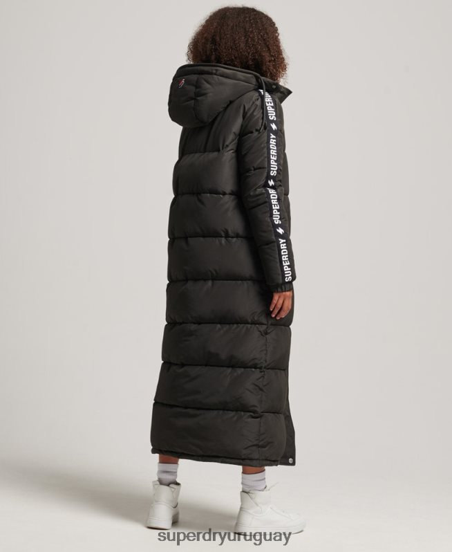 uy Superdry mujer abrigo acolchado largo con capucha y gráfico negro DT2N8Z5647 ropa