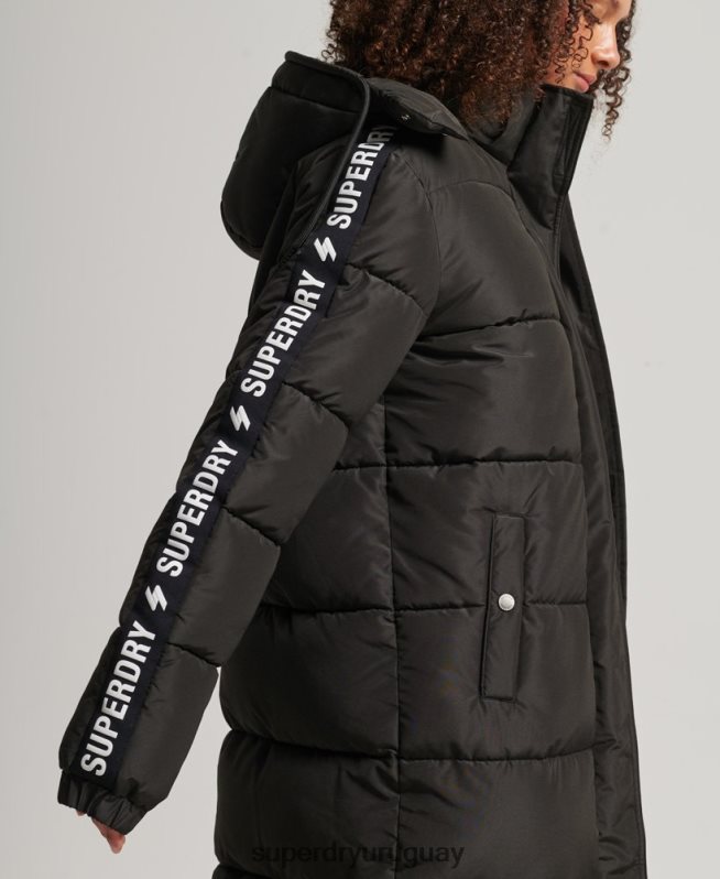 uy Superdry mujer abrigo acolchado largo con capucha y gráfico negro DT2N8Z5647 ropa