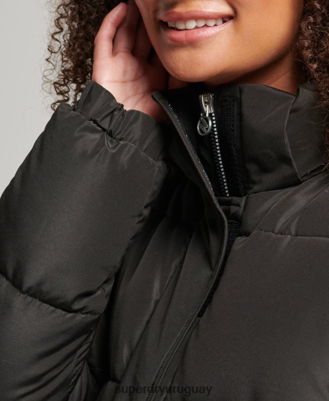 uy Superdry mujer abrigo acolchado largo con capucha y gráfico negro DT2N8Z5647 ropa
