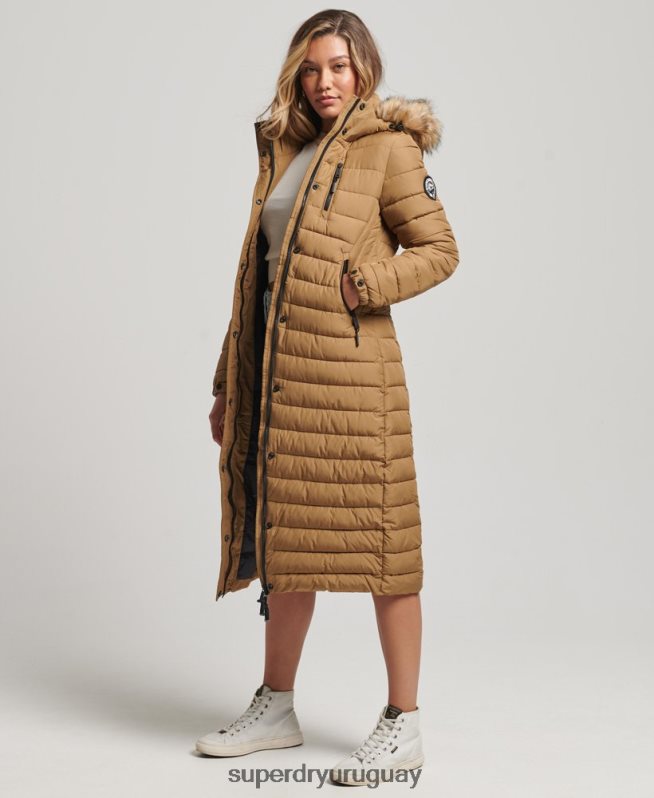 uy Superdry mujer abrigo acolchado ligero de piel sintética con capucha marrón DT2N8Z3701 ropa