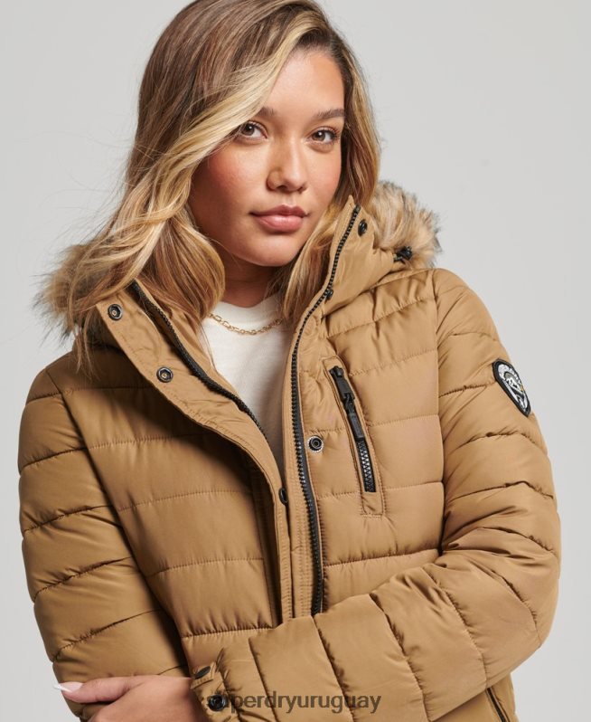 uy Superdry mujer abrigo acolchado ligero de piel sintética con capucha marrón DT2N8Z3701 ropa