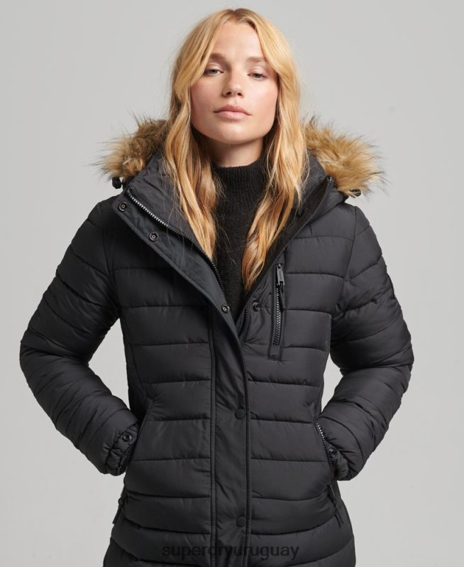 uy Superdry mujer abrigo acolchado ligero de piel sintética con capucha negro DT2N8Z3716 ropa