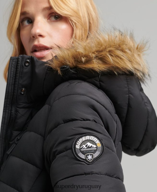 uy Superdry mujer abrigo acolchado ligero de piel sintética con capucha negro DT2N8Z3716 ropa