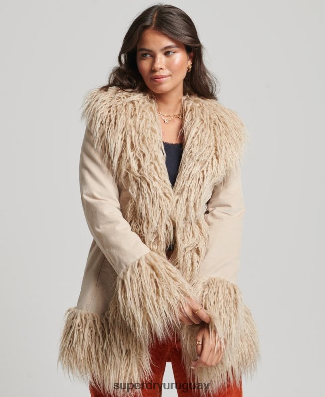 uy Superdry mujer abrigo afgano con forro de piel sintética marrón DT2N8Z3721 ropa