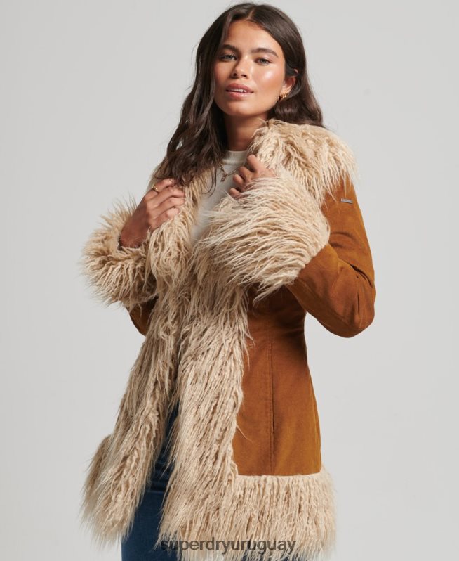 uy Superdry mujer abrigo afgano con forro de piel sintética marrón DT2N8Z3737 ropa