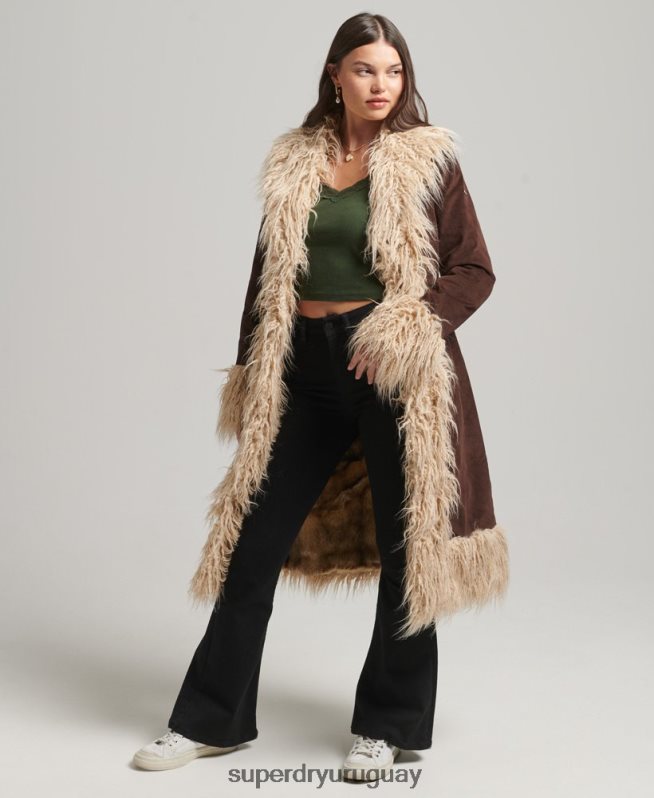 uy Superdry mujer abrigo afgano largo con forro de piel sintética marrón DT2N8Z3813 ropa