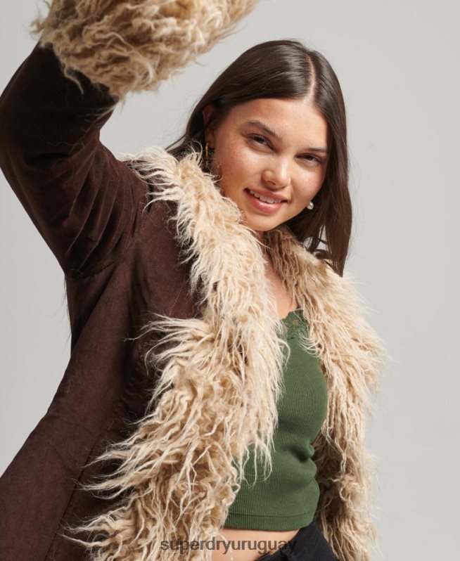 uy Superdry mujer abrigo afgano largo con forro de piel sintética marrón DT2N8Z3813 ropa