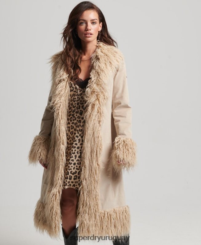 uy Superdry mujer abrigo afgano largo con forro de piel sintética marrón DT2N8Z3824 ropa