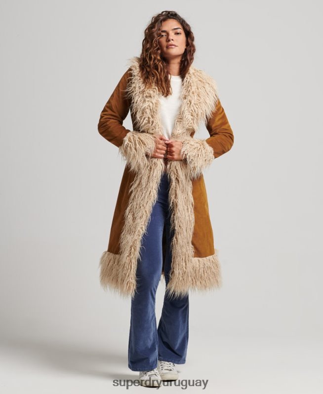uy Superdry mujer abrigo afgano largo con forro de piel sintética marrón DT2N8Z3835 ropa