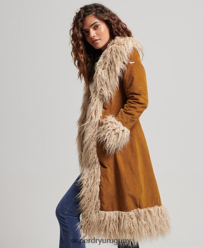 uy Superdry mujer abrigo afgano largo con forro de piel sintética marrón DT2N8Z3835 ropa