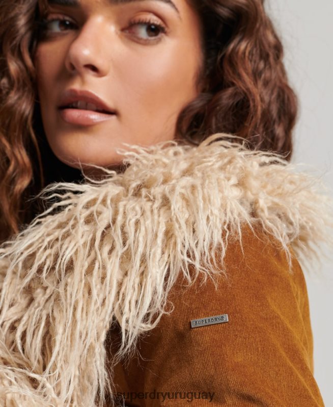 uy Superdry mujer abrigo afgano largo con forro de piel sintética marrón DT2N8Z3835 ropa