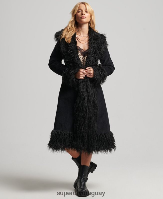uy Superdry mujer abrigo afgano largo con forro de piel sintética negro DT2N8Z3820 ropa