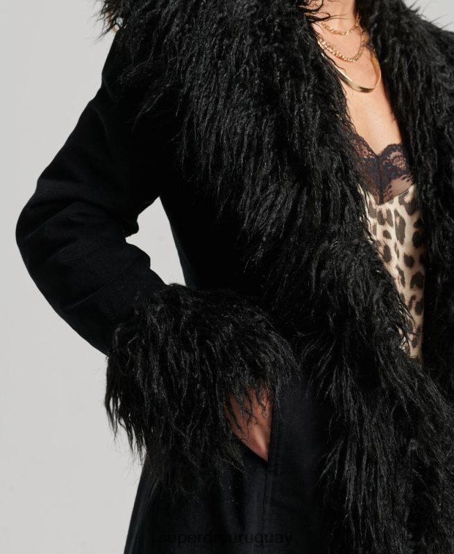uy Superdry mujer abrigo afgano largo con forro de piel sintética negro DT2N8Z3820 ropa