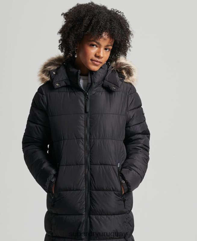 uy Superdry mujer abrigo largo con capucha de montaña fuji negro DT2N8Z5509 ropa