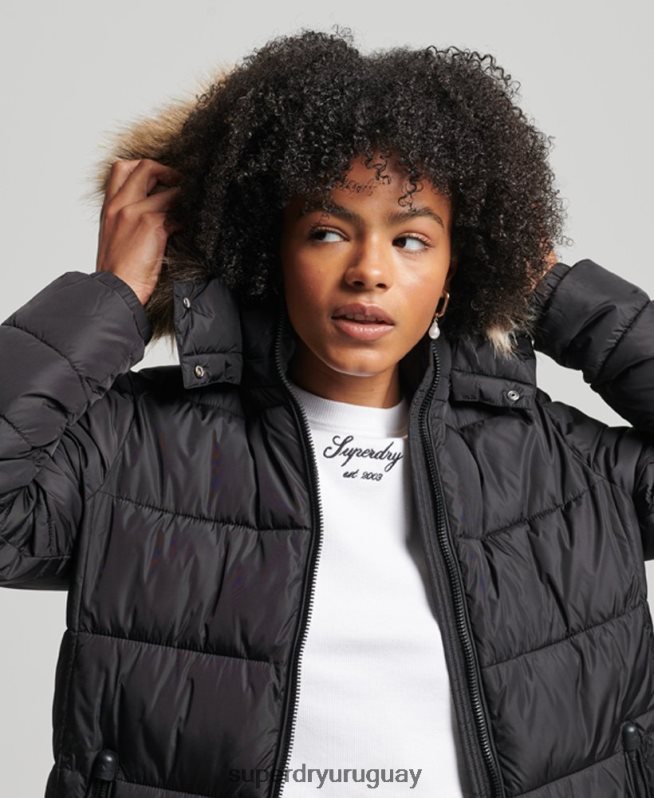 uy Superdry mujer abrigo largo con capucha de montaña fuji negro DT2N8Z5509 ropa