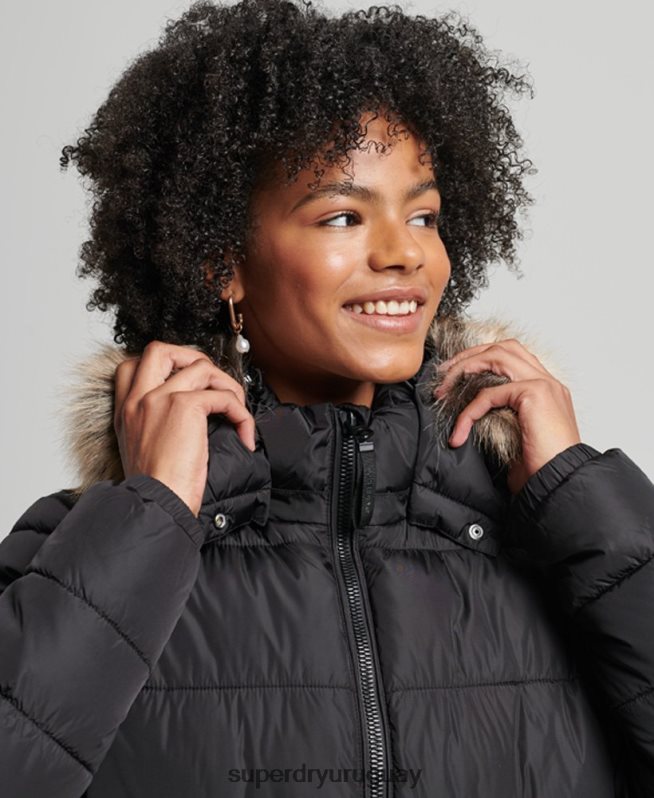 uy Superdry mujer abrigo largo con capucha de montaña fuji negro DT2N8Z5509 ropa