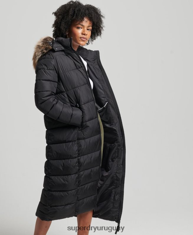uy Superdry mujer abrigo largo con capucha de montaña fuji negro DT2N8Z5509 ropa