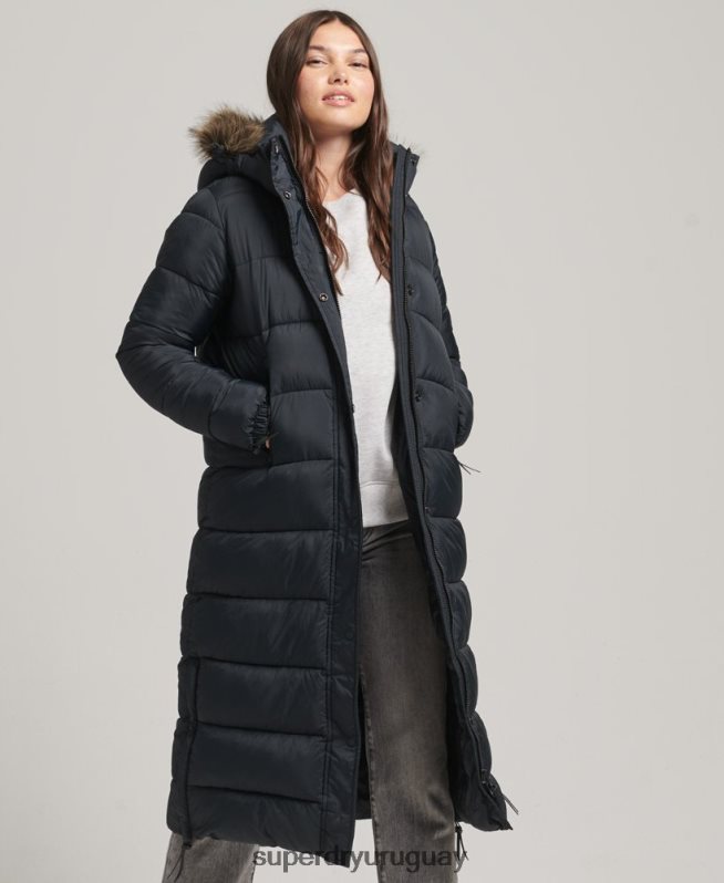 uy Superdry mujer abrigo largo con capucha y pelo artificial gris oscuro DT2N8Z3660 ropa