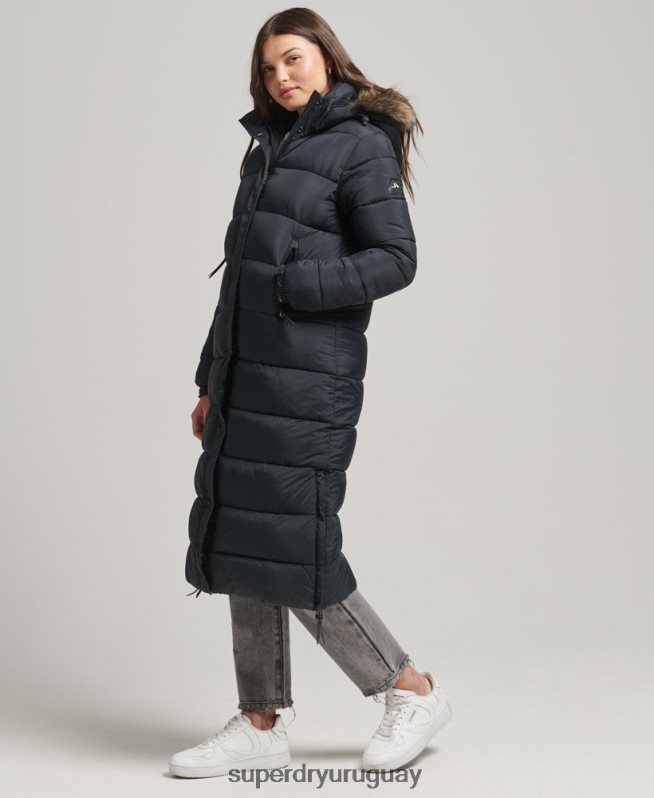 uy Superdry mujer abrigo largo con capucha y pelo artificial gris oscuro DT2N8Z3660 ropa