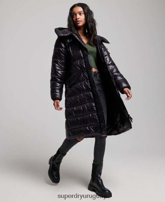 uy Superdry mujer abrigo largo de edredón de alto brillo negro DT2N8Z5642 ropa