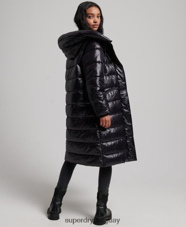 uy Superdry mujer abrigo largo de edredón de alto brillo negro DT2N8Z5642 ropa