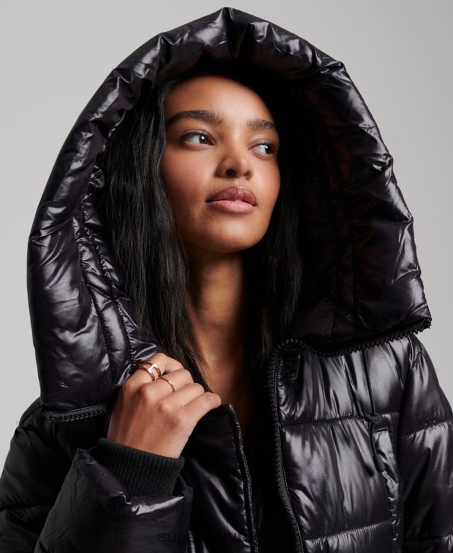 uy Superdry mujer abrigo largo de edredón de alto brillo negro DT2N8Z5642 ropa