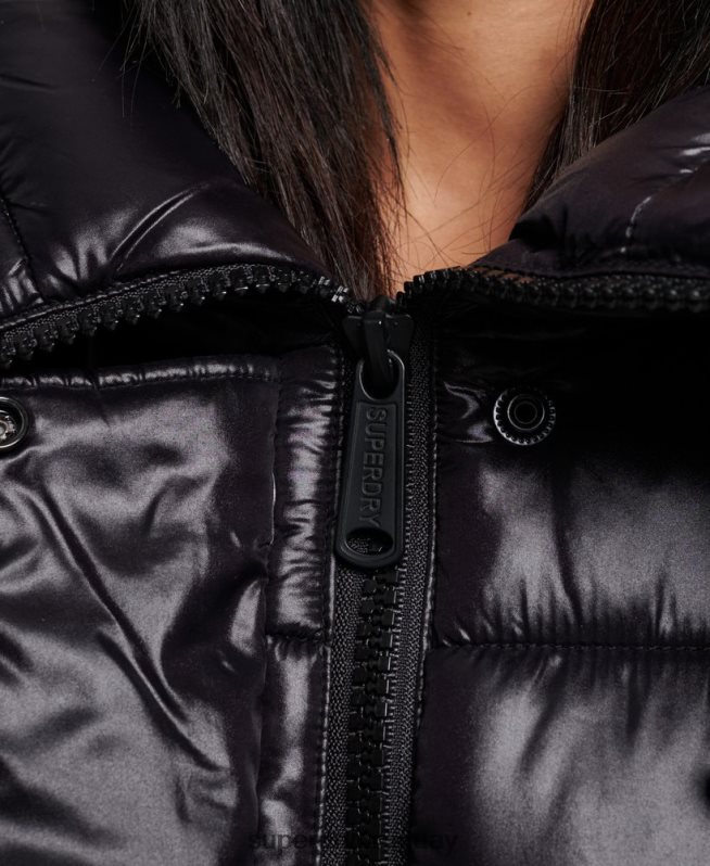 uy Superdry mujer abrigo largo de edredón de alto brillo negro DT2N8Z5642 ropa