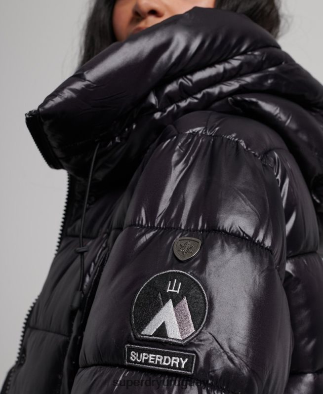 uy Superdry mujer abrigo largo de edredón de alto brillo negro DT2N8Z5642 ropa