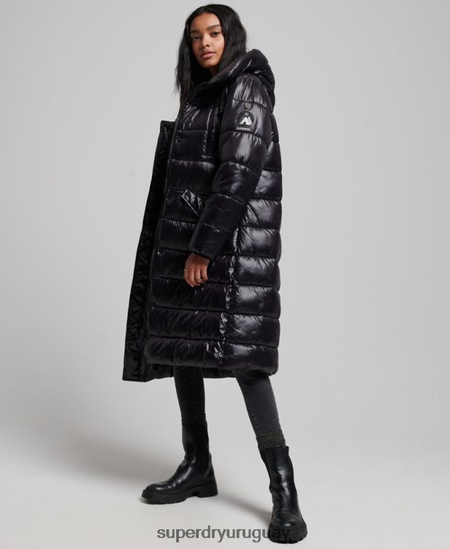 uy Superdry mujer abrigo largo de edredón de alto brillo negro DT2N8Z5642 ropa