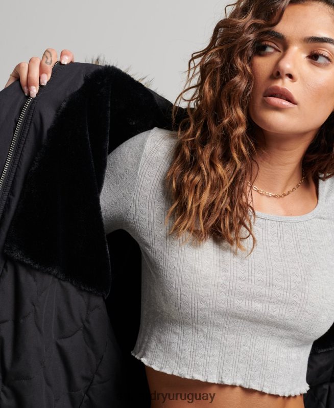 uy Superdry mujer parka militar auténtica de piel sintética gris oscuro DT2N8Z5731 ropa