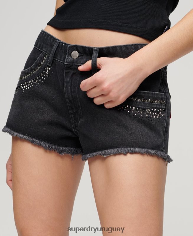 uy Superdry mujer shorts de mezclilla con detalles de strass negro DT2N8Z3112 ropa