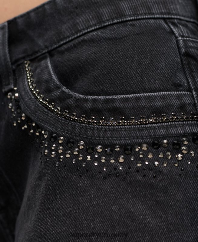 uy Superdry mujer shorts de mezclilla con detalles de strass negro DT2N8Z3112 ropa